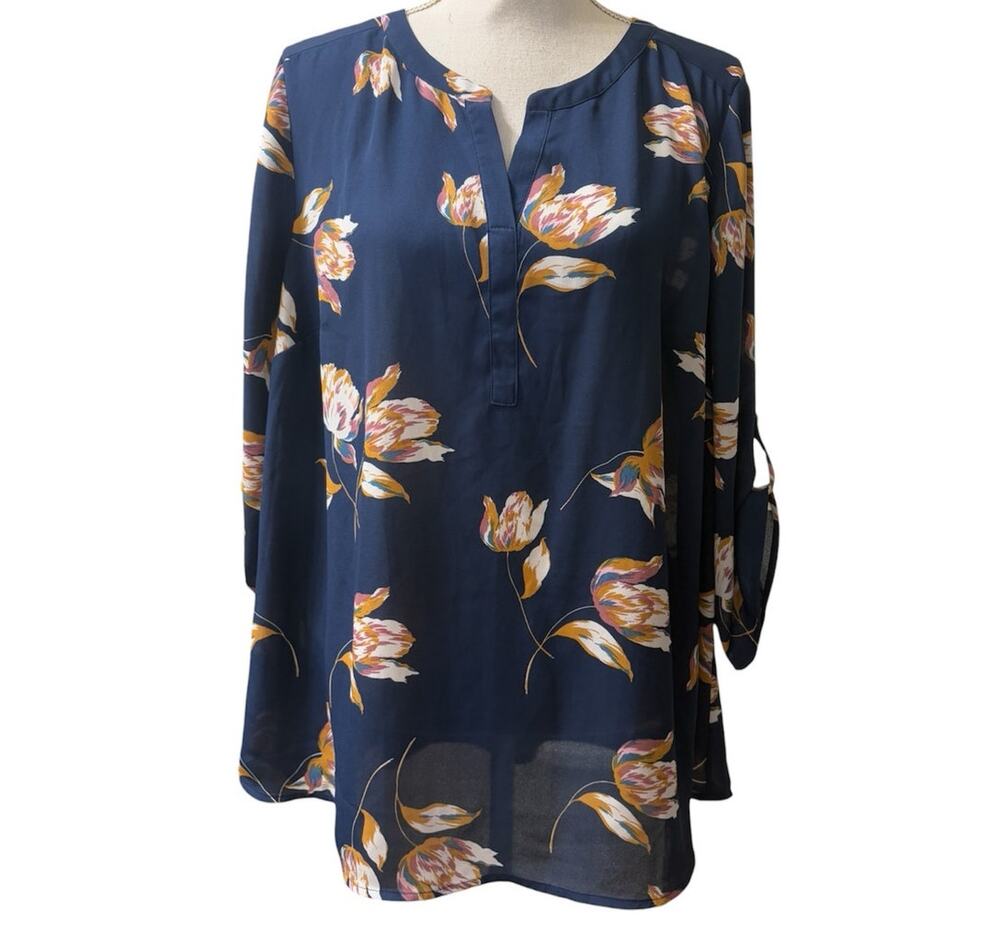 Daniel Rainn Dark Blue Floral Sheer Blouse 1X